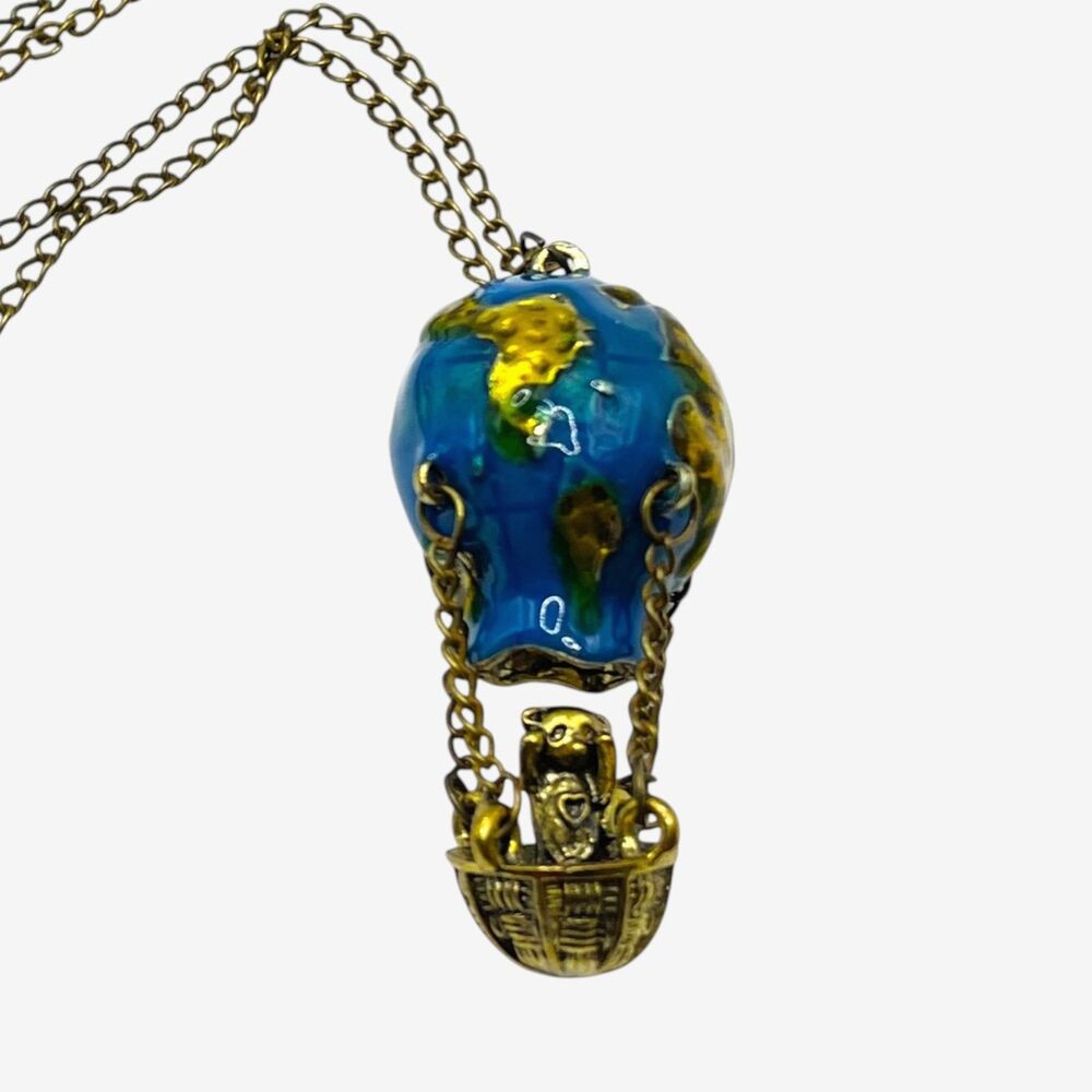 Teddy Bear Hot Air Balloon Pendant Necklace Enameled Globe Antiqued Novelty